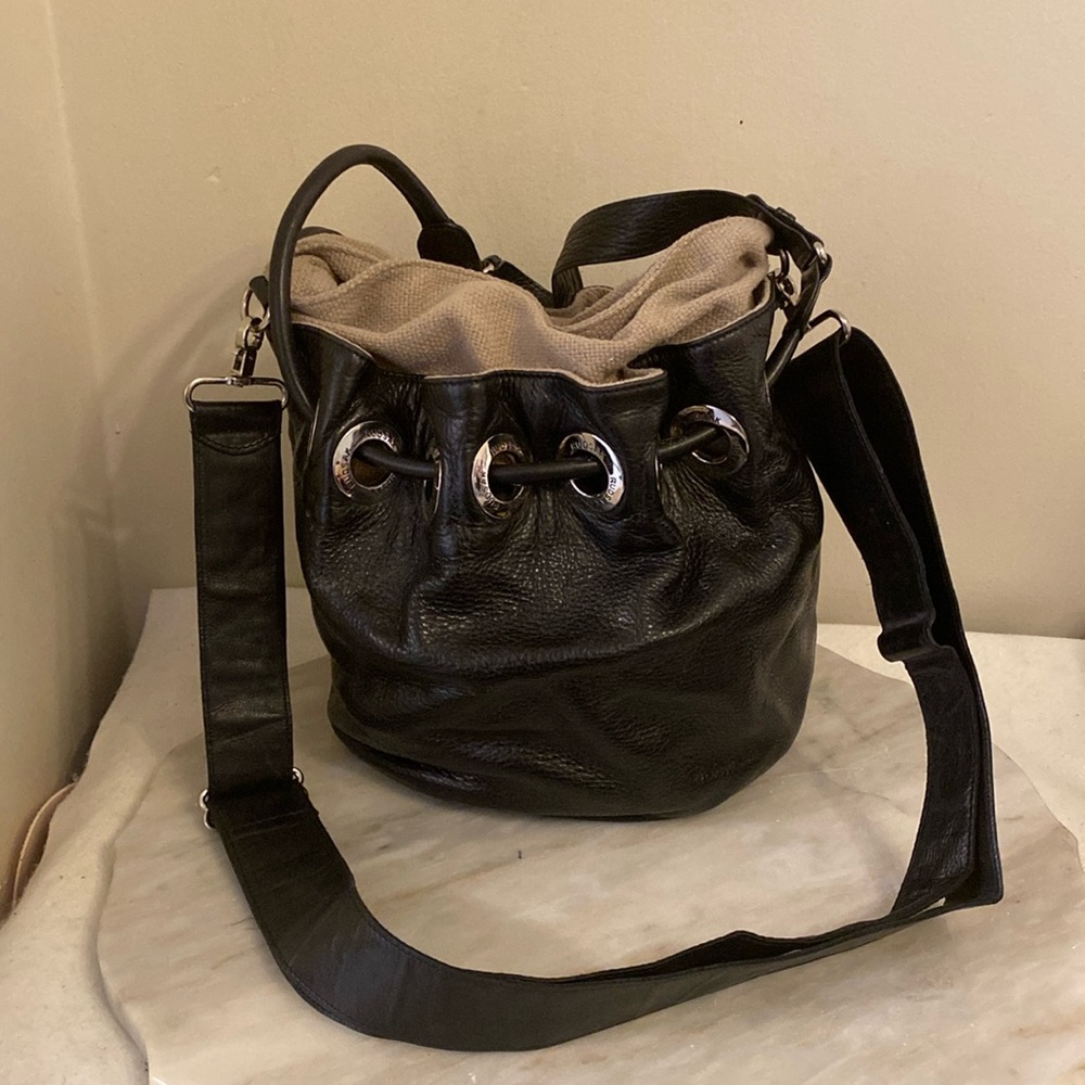 Rudsak black crossbody shoulder Leather  canvas bucket Bag